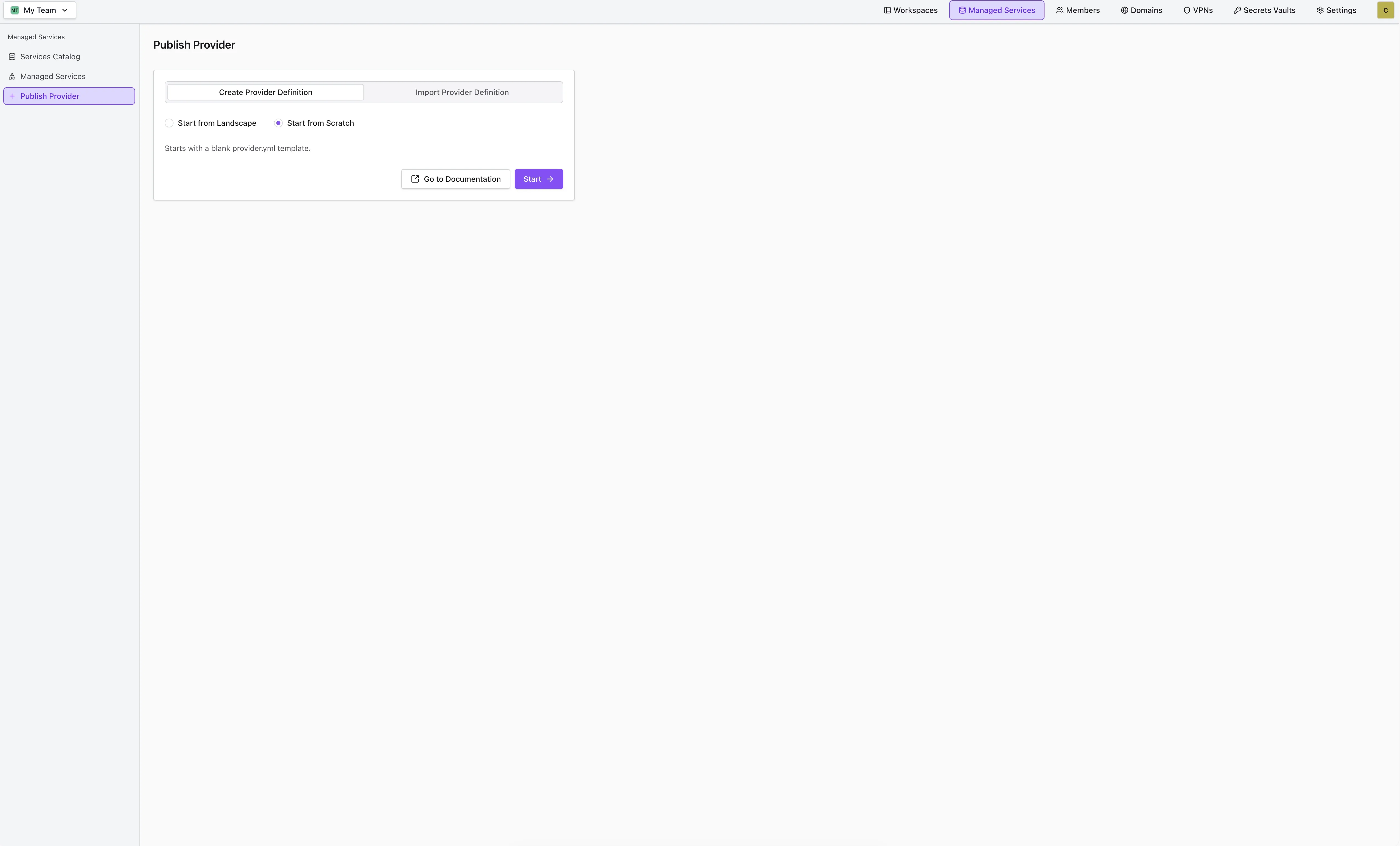 Create Provider Definition tab with the Start from Scratch option selected