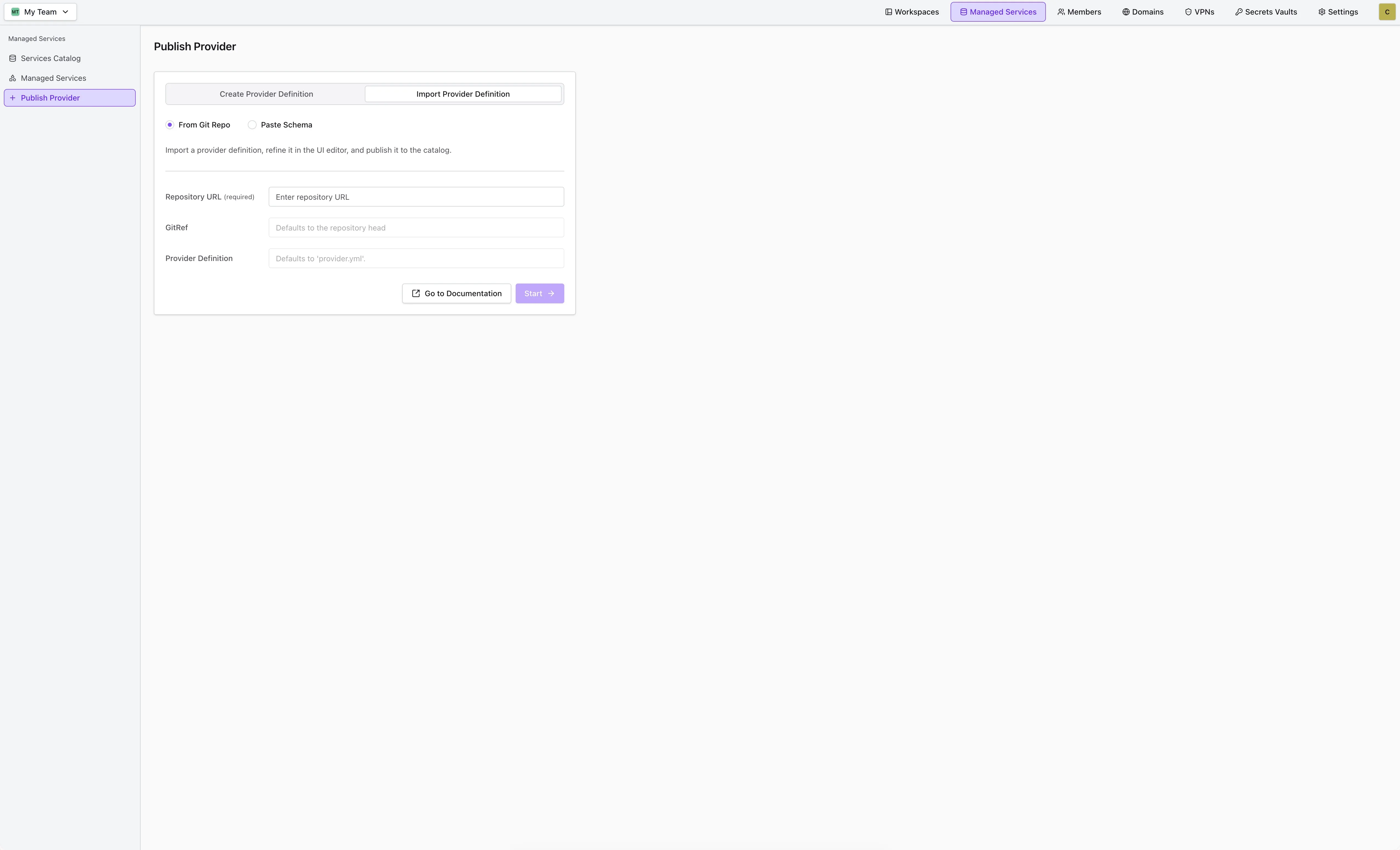 Import Provider Definition tab with the From Git Repo option selected