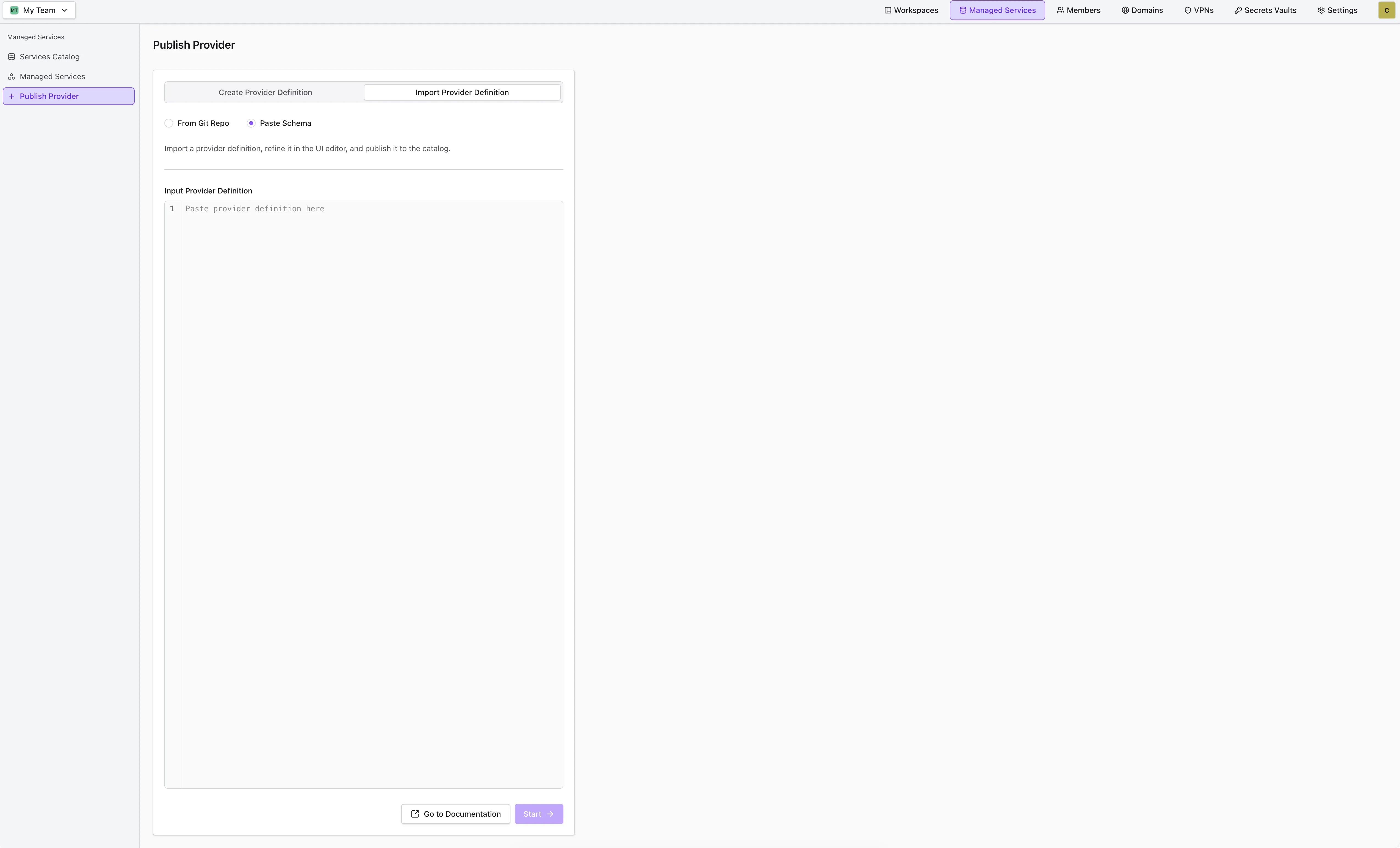 Import Provider Definition tab with the Paste Schema option selected
