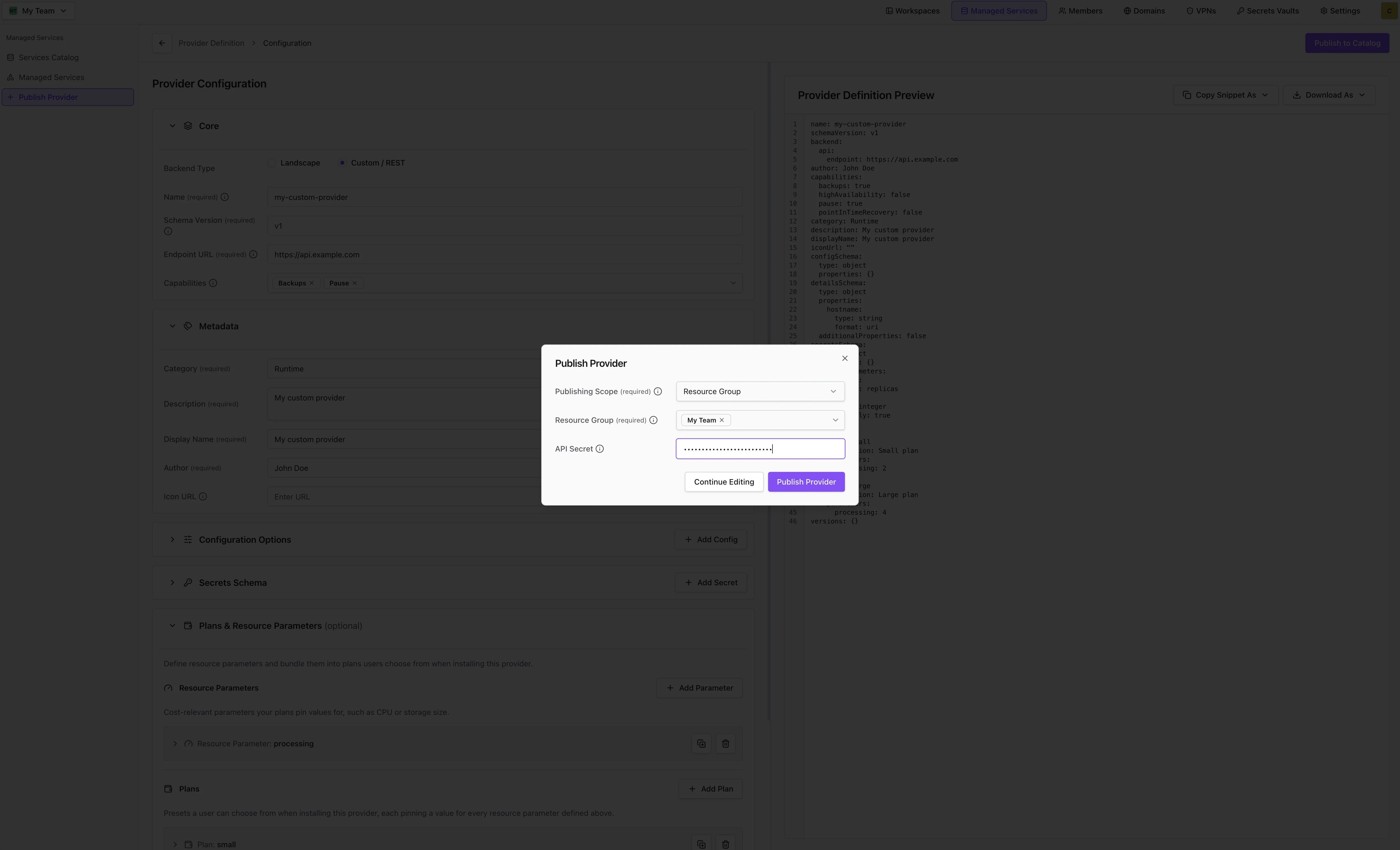 Publish Provider dialog over the form and live definition preview