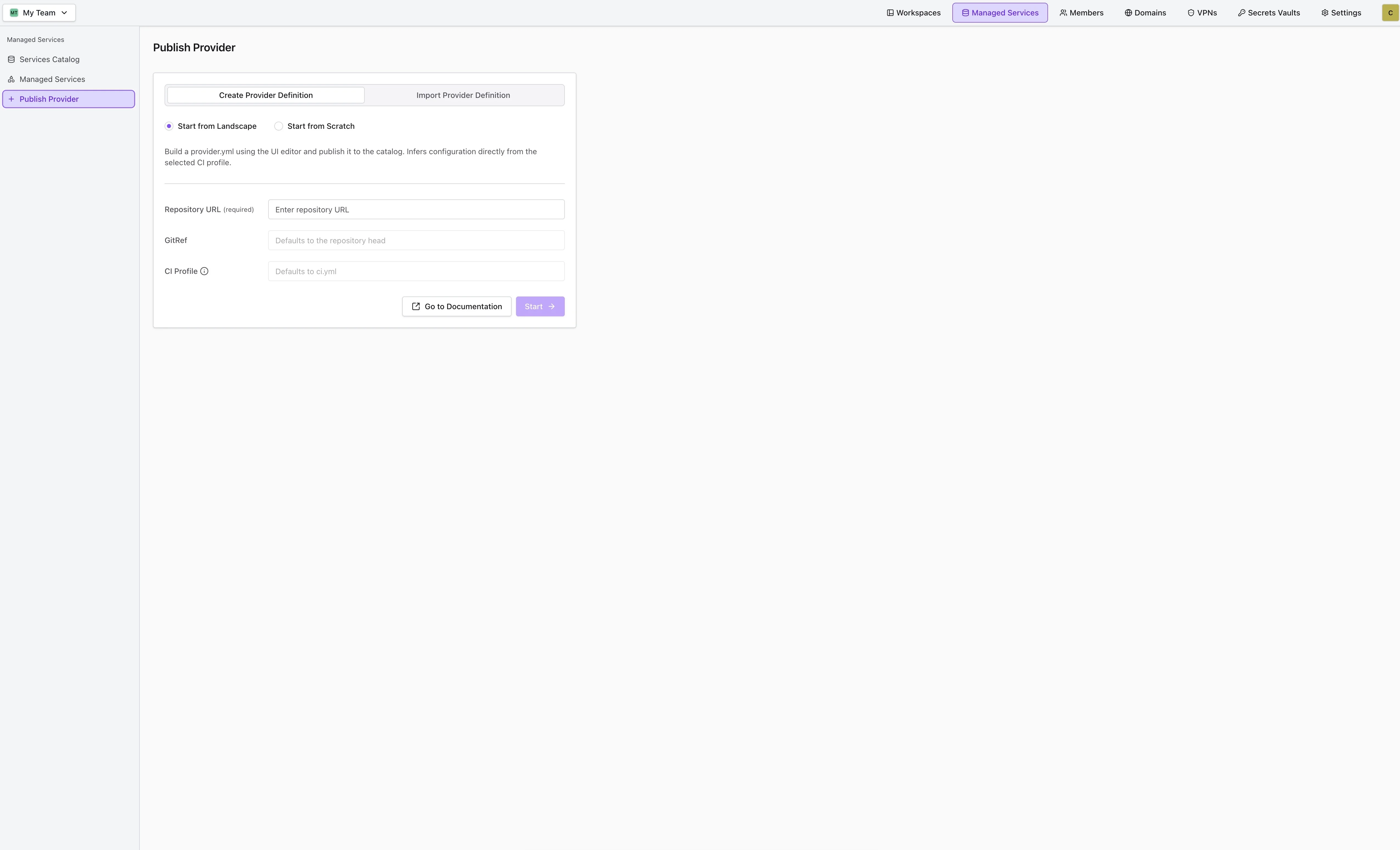 Create Provider Definition tab with the Start from Landscape option selected
