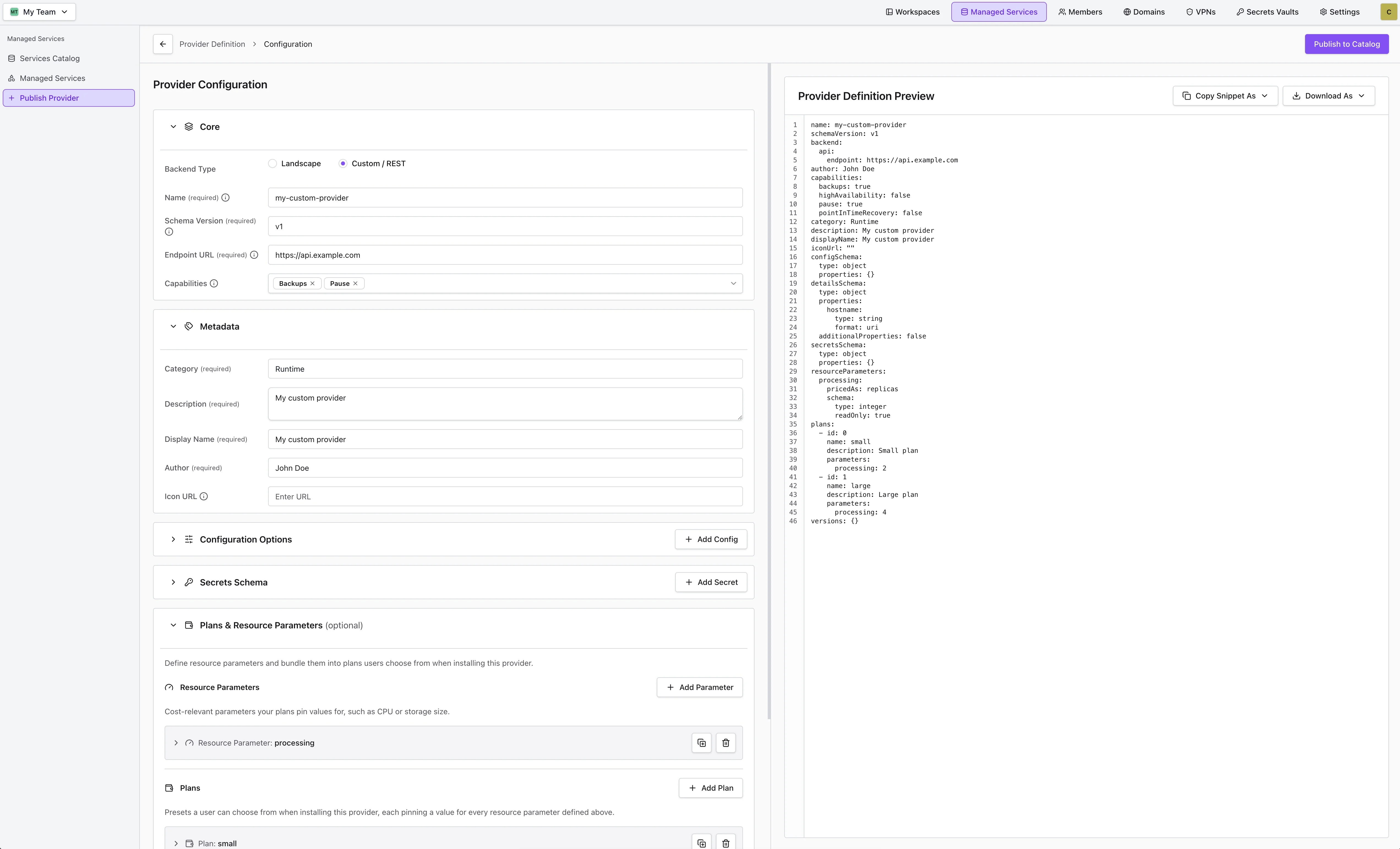 Provider Configuration form with the live Provider Definition Preview