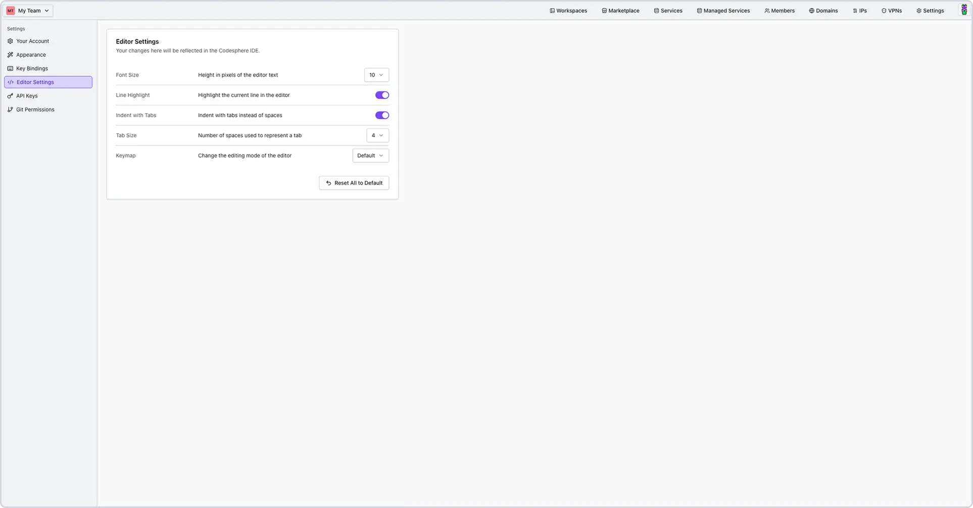 user settings dropdown