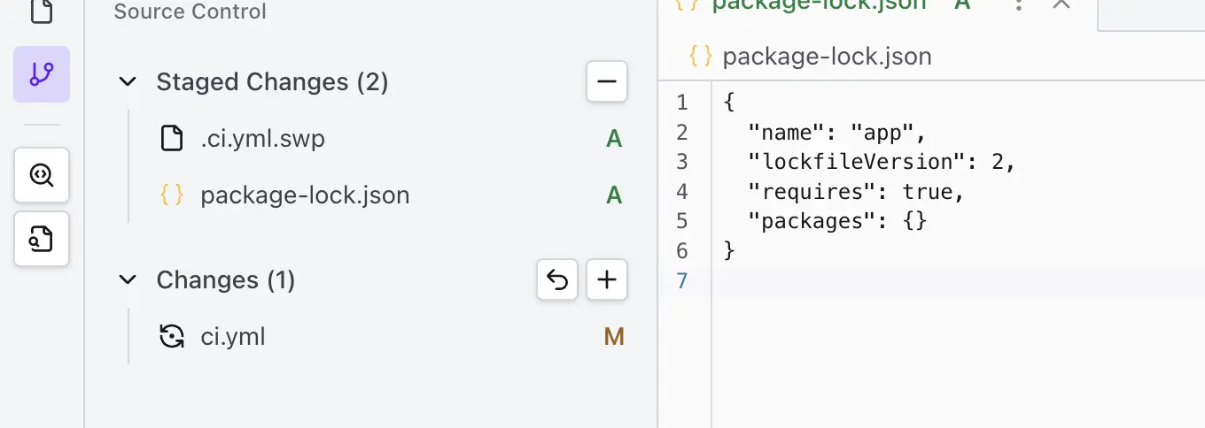 Git Panel sections showing Changes and Staged Changes