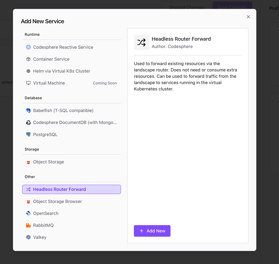 Dialog for adding a new headless service in the Landscape Config Editor