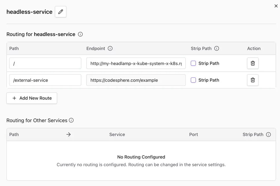 Headless service configuration form with routing fields for path, endpoint, and strip path