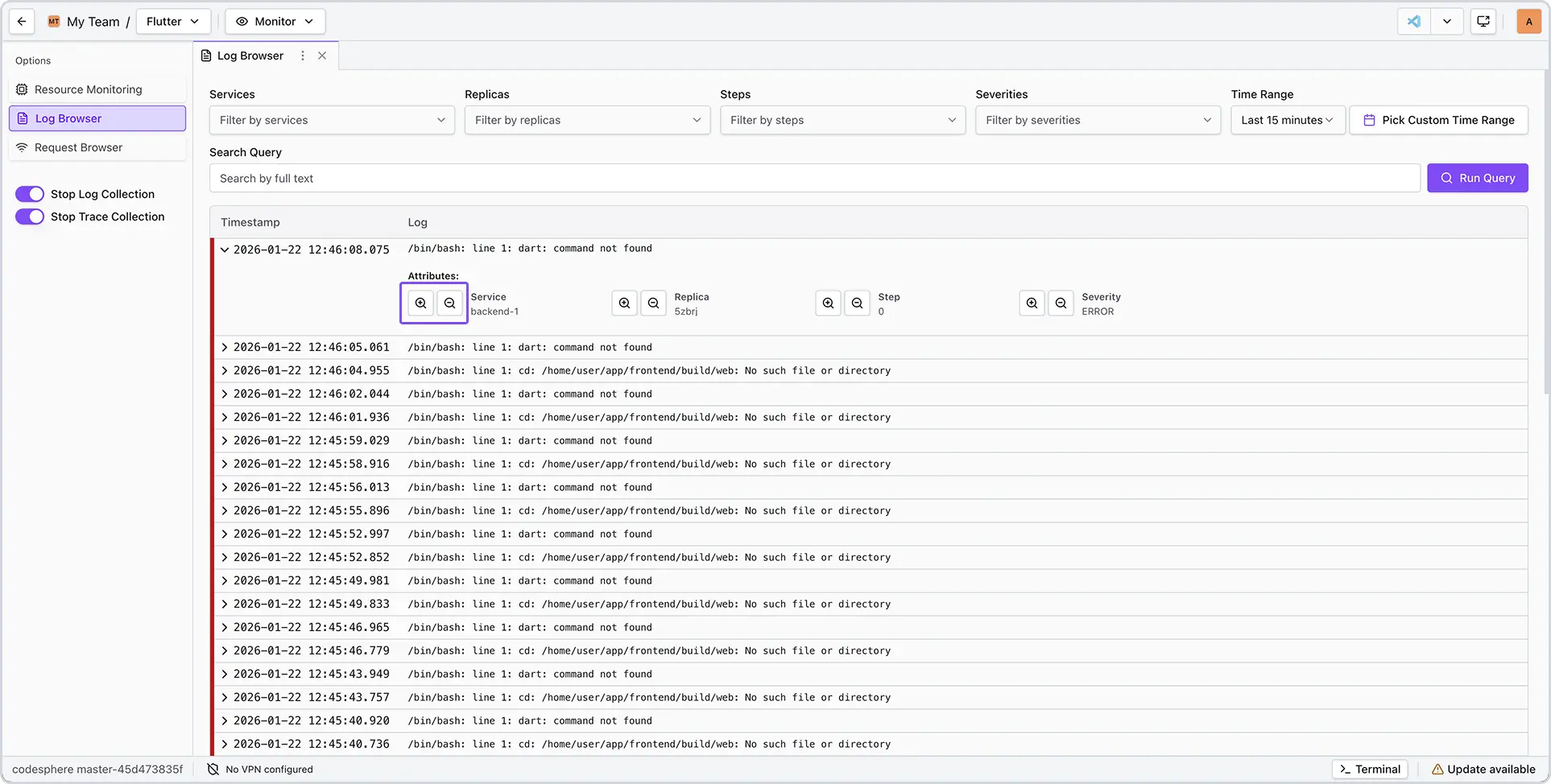 log browser filter buttons