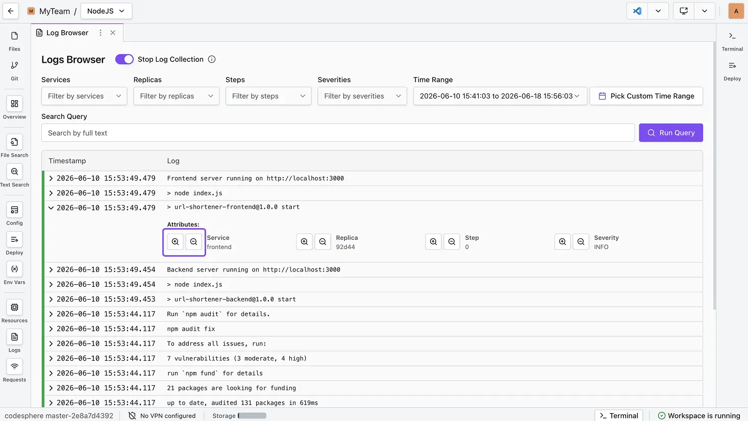 log browser filter buttons