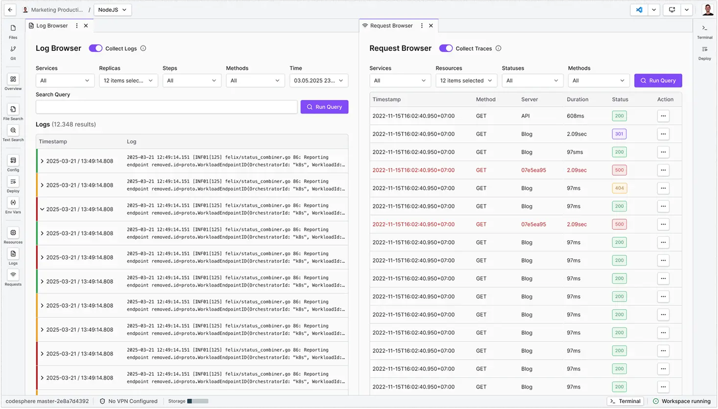 log browser split screen
