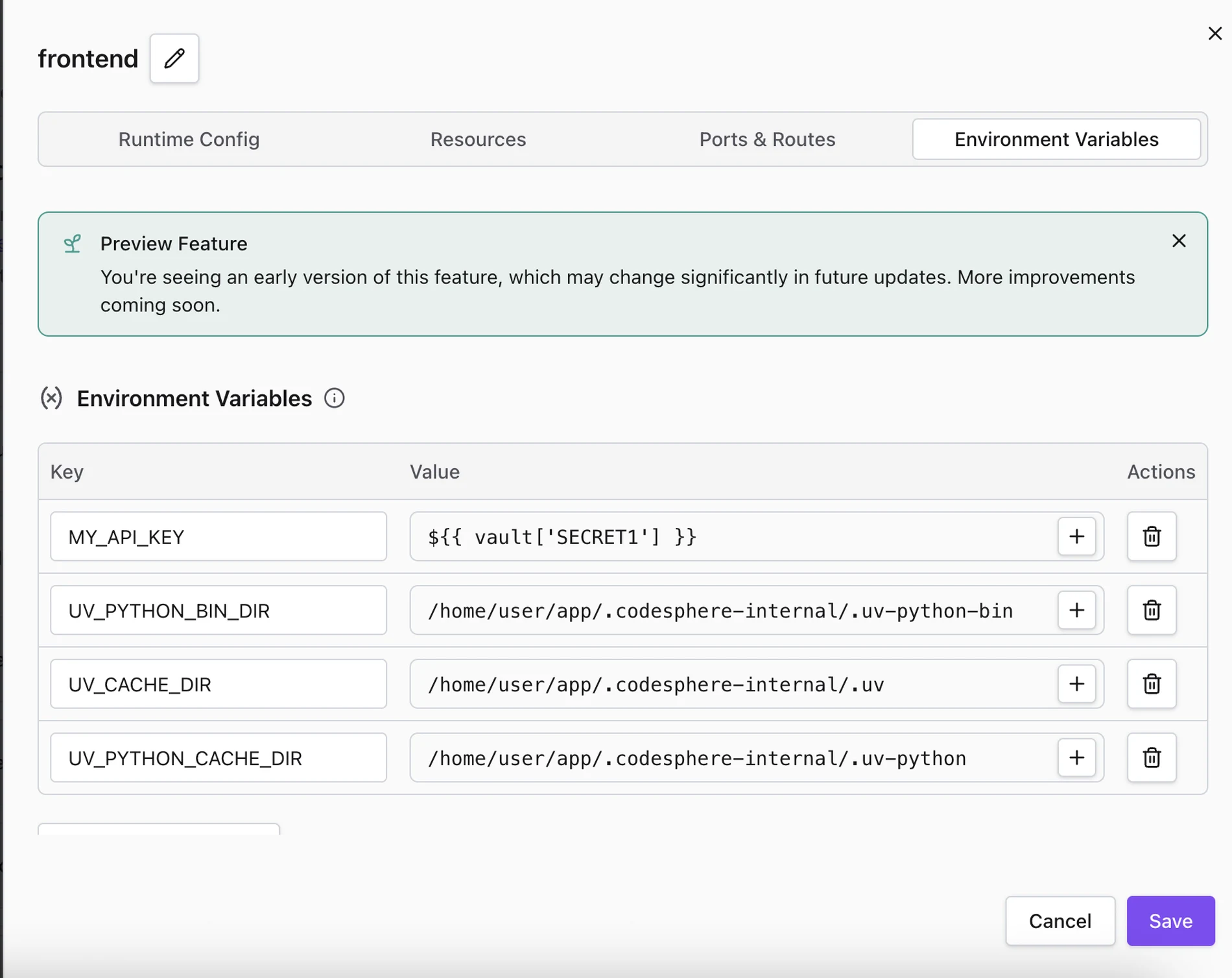 Landscape Config Editor environment variables section showing key-value entries and selectable sources such as secrets, workspace values, and team identifiers.