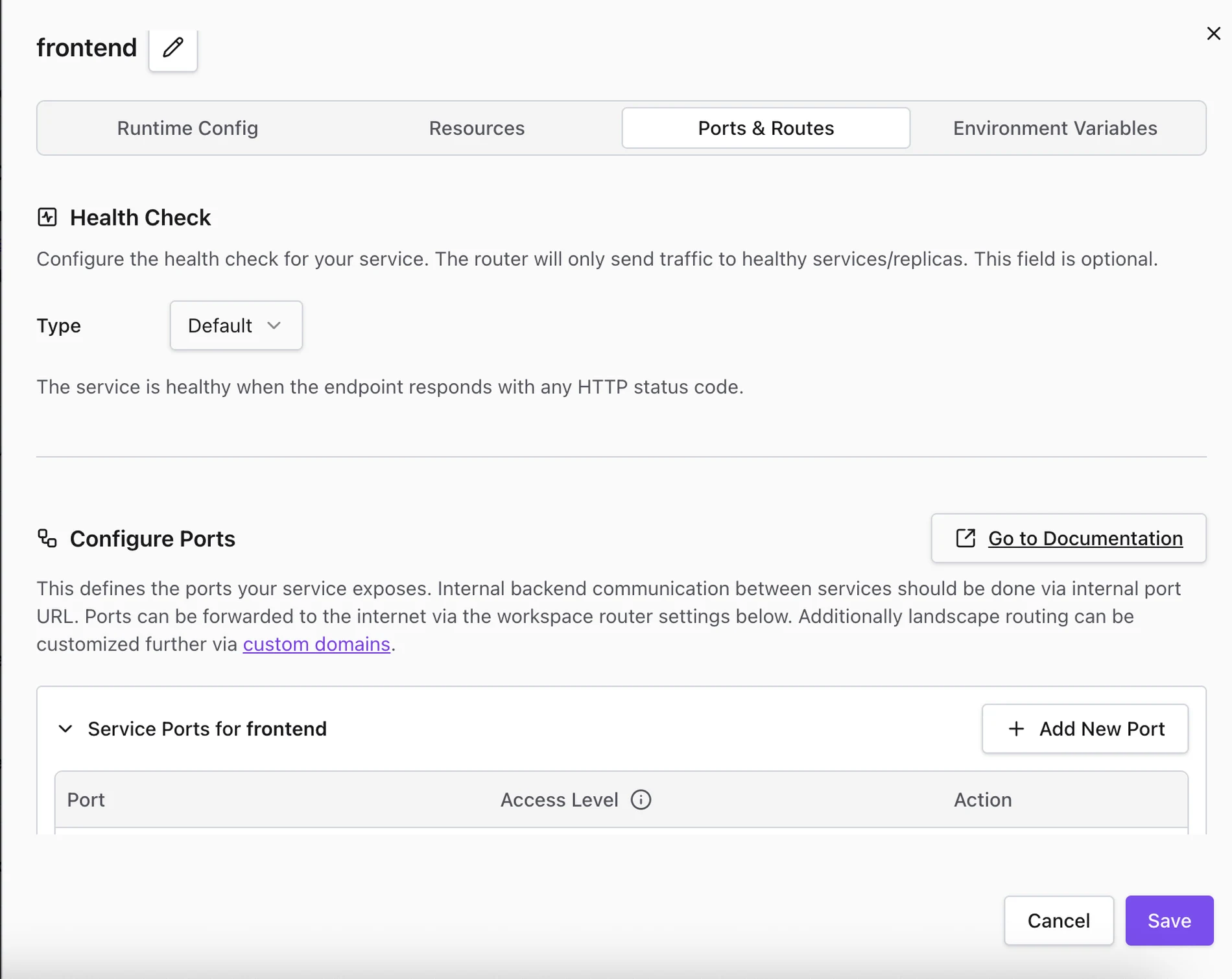 Landscape Config Editor ports and routes section showing health check settings, exposed service ports, and workspace router path mappings.