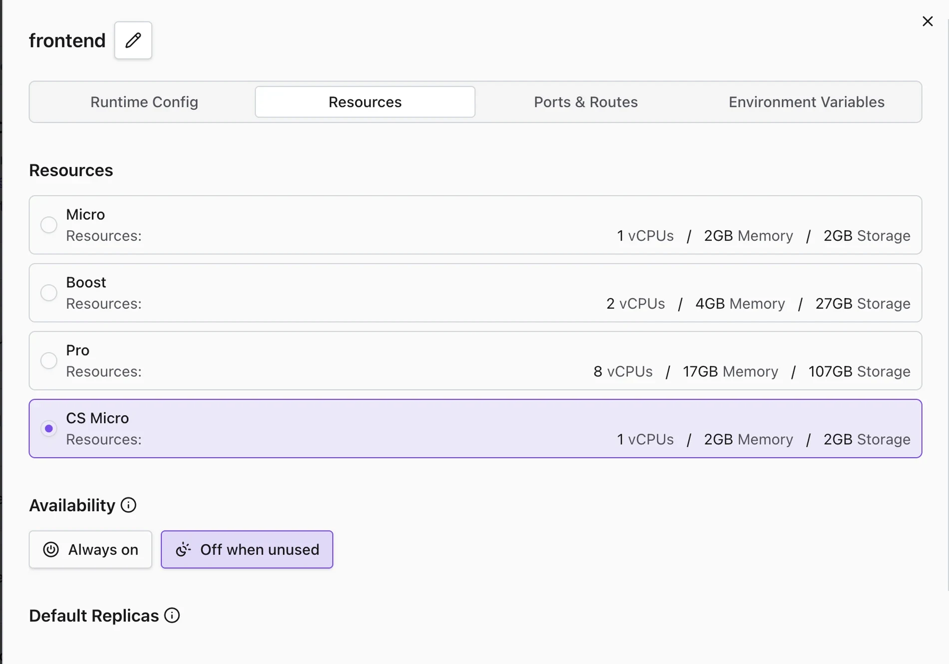 Landscape Config Editor resources section showing plan selection, availability mode options, replica controls, and estimated monthly cost summary.