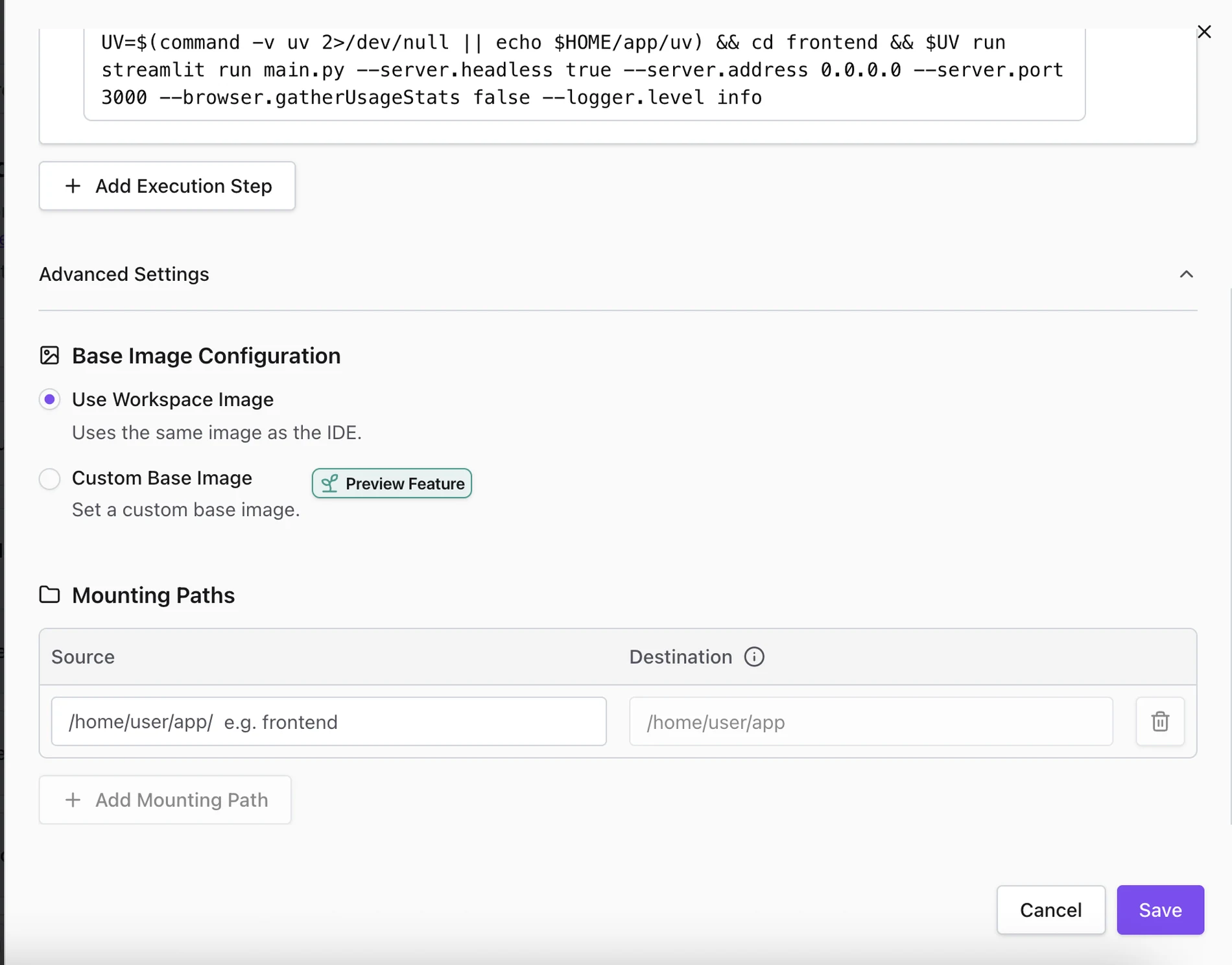 Landscape Config Editor showing runtime configuration fields for a Reactive service, including execution steps, base image selection, and mounting paths.