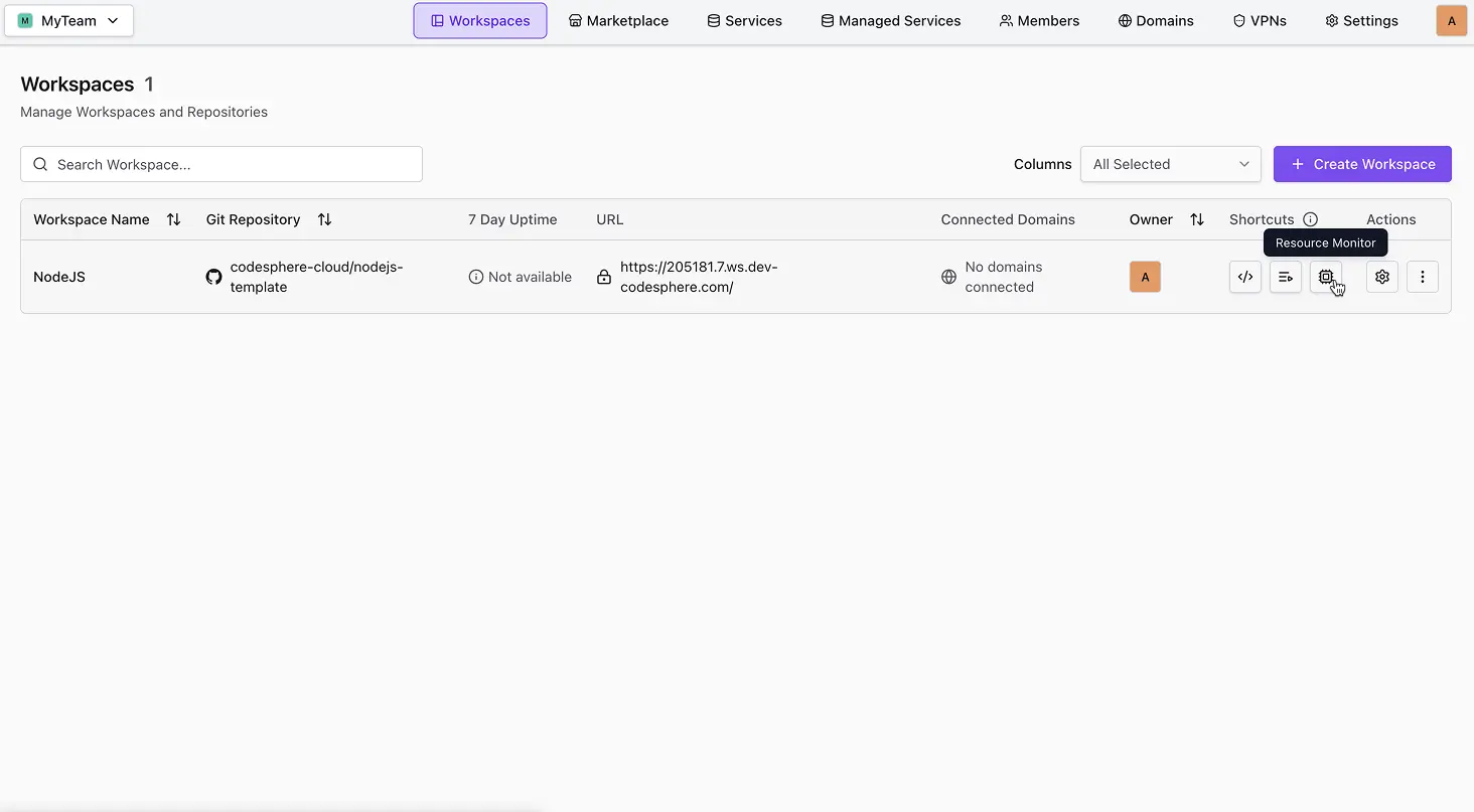 Workspace list view showing the shortcut to open landscape health monitoring.