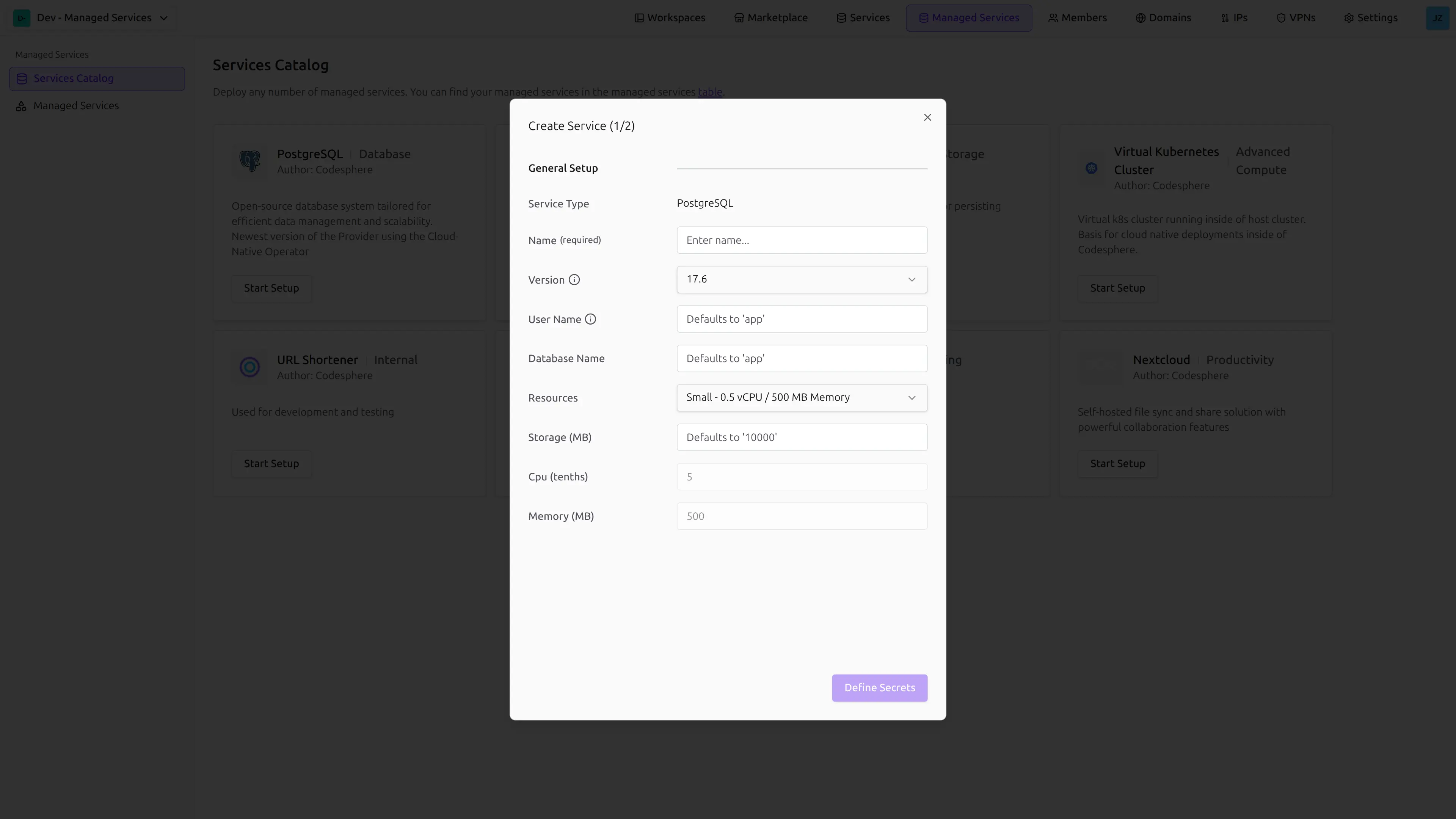 Managed Service Create General Setup