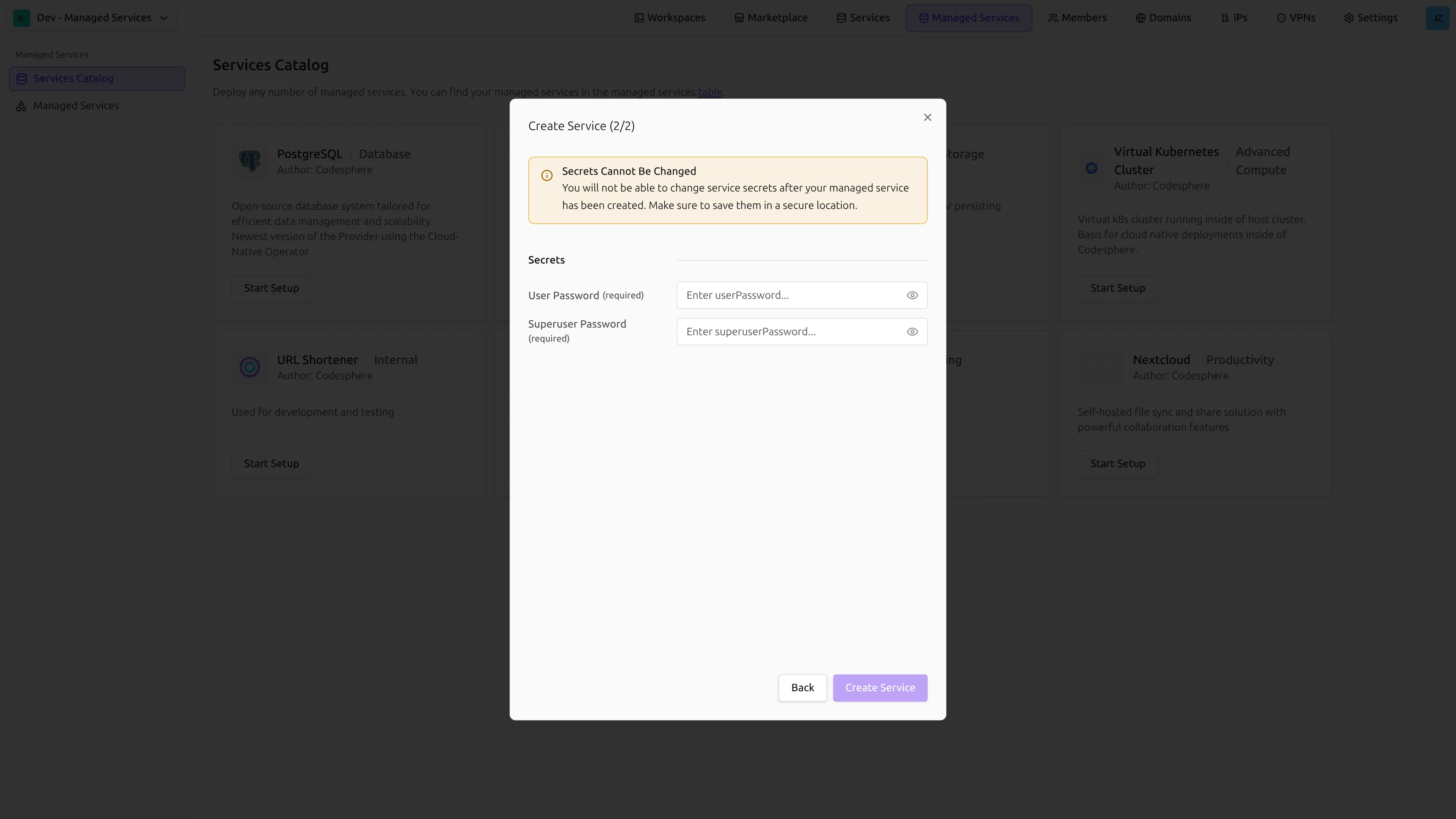 Managed Service Create Secrets
