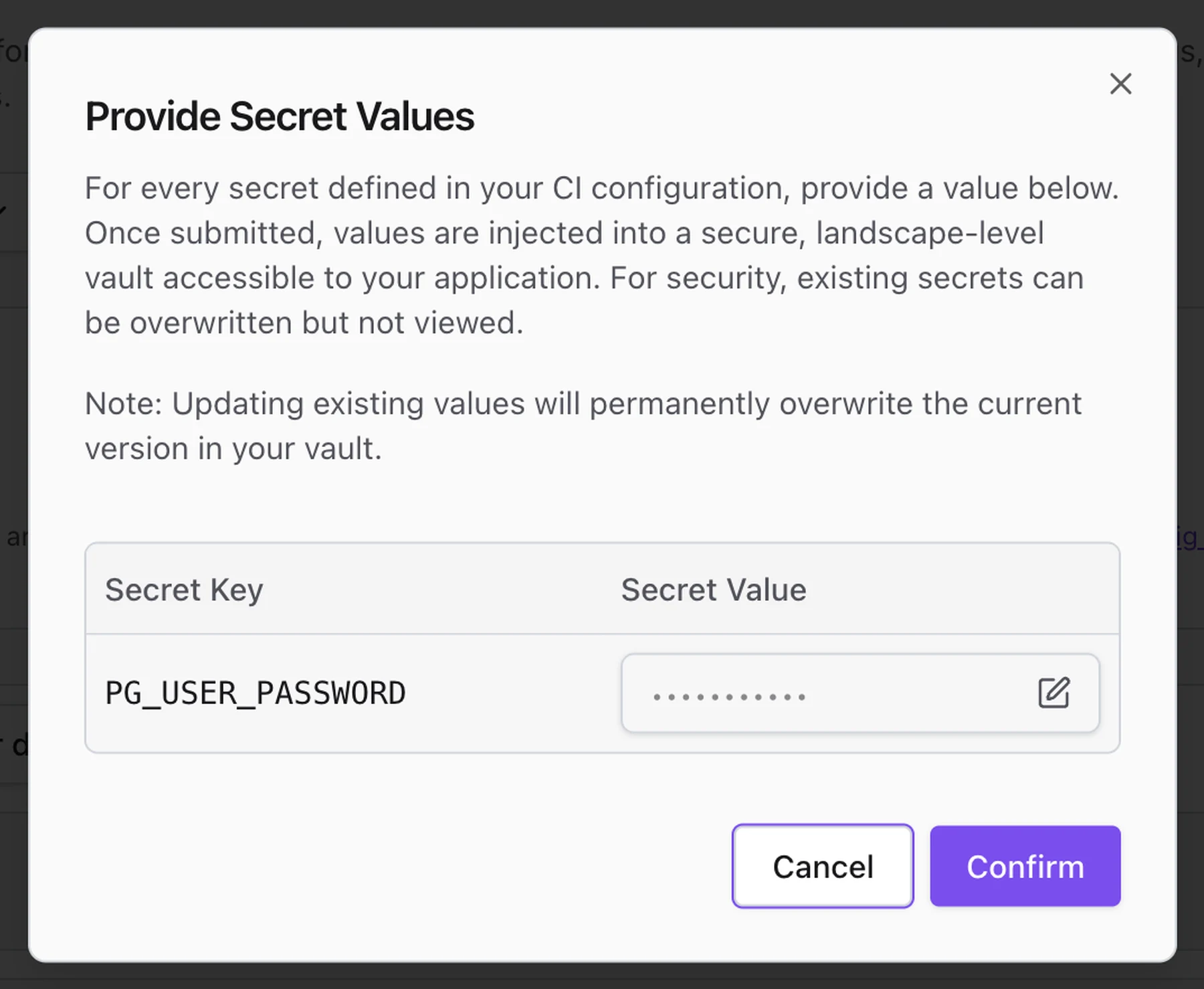 Secret input dialog used to provide required service secrets during deployment.