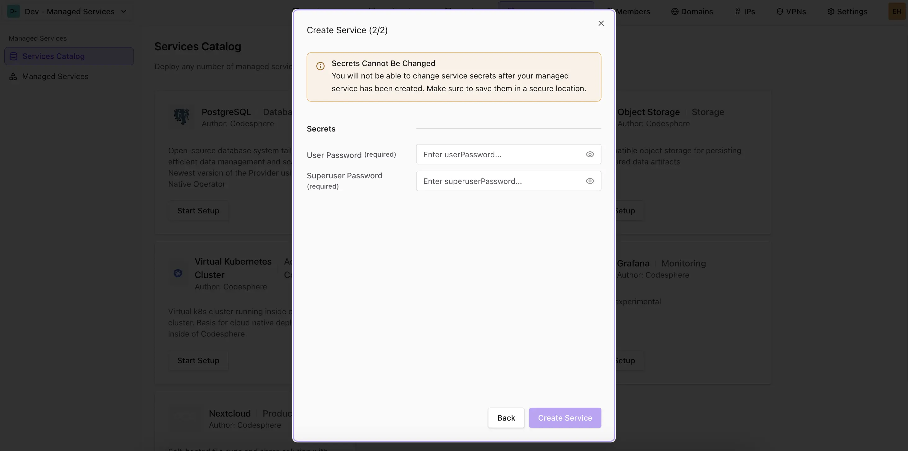Secrets Schema in Create Service Dialog