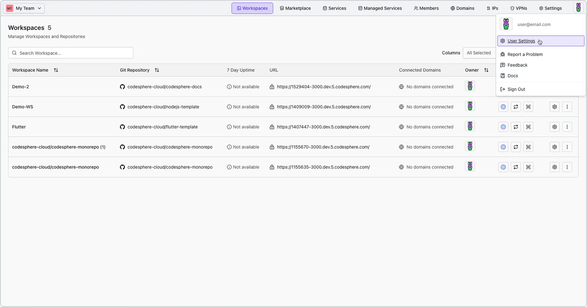 Über das Konto-Dropdown geöffnetes Benutzereinstellungsmenü in der Codesphere-Oberfläche.