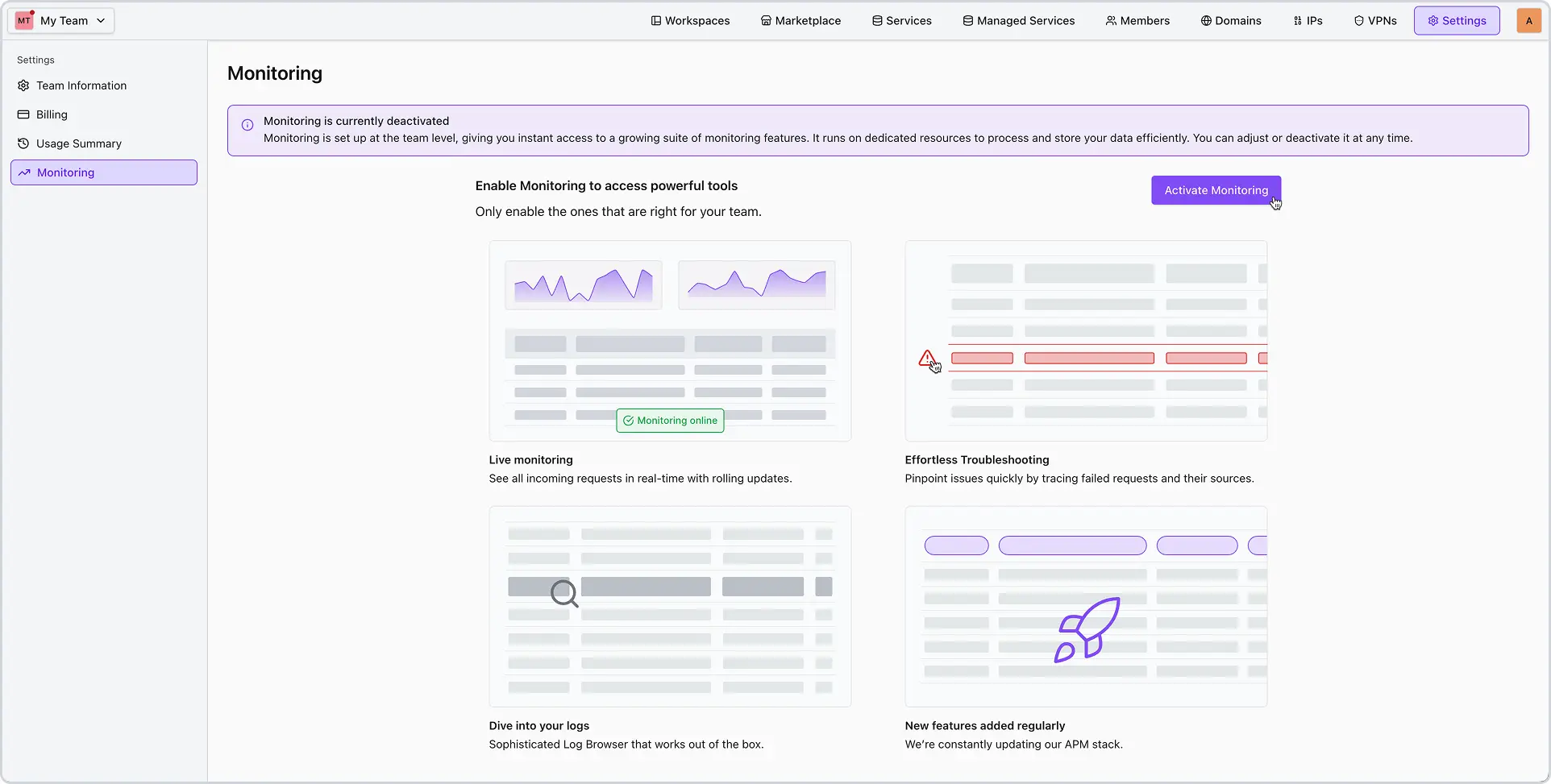 Monitoring-Tab im Workspace Toolkit, das zeigt, wo Monitoring aktiviert werden kann.
