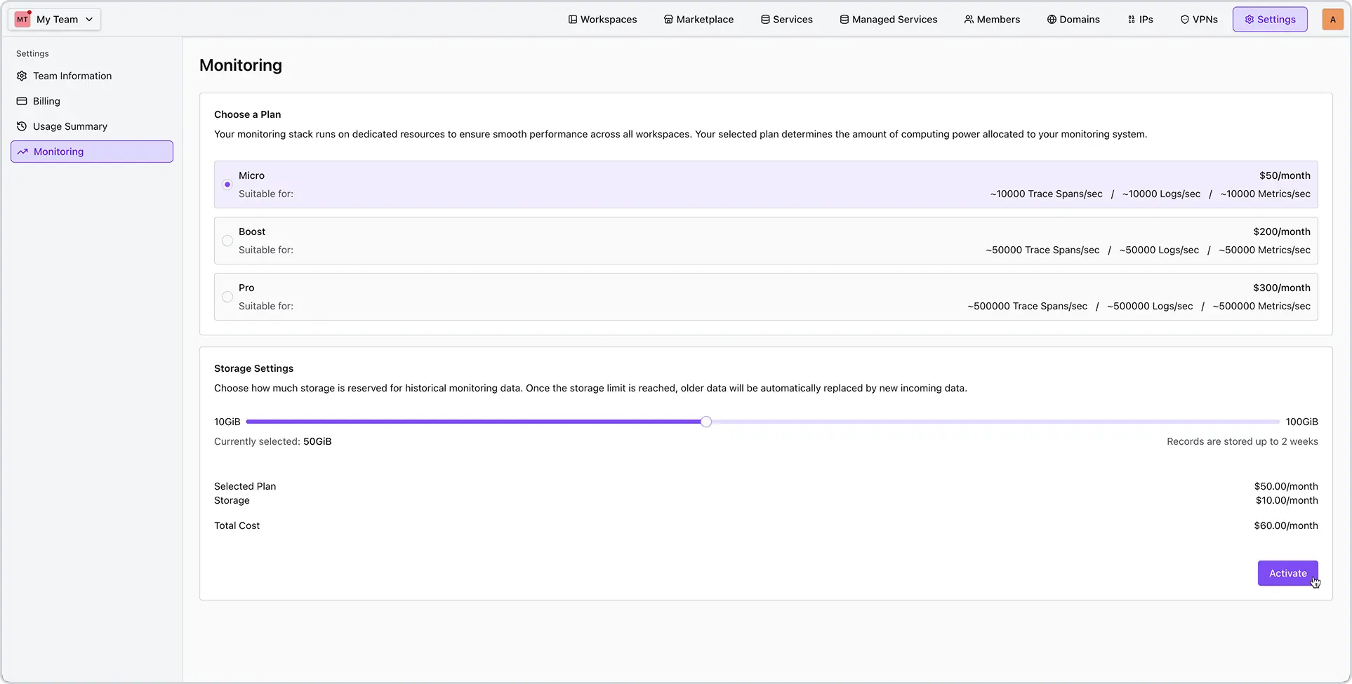 Dialog zur Auswahl des Monitoring-Plans zur Aktivierung von Monitoring für eine Landscape.