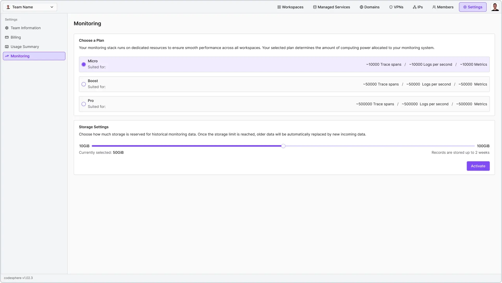 Dialog zur Auswahl des Monitoring-Plans für Private Cloud zur Aktivierung von Monitoring.