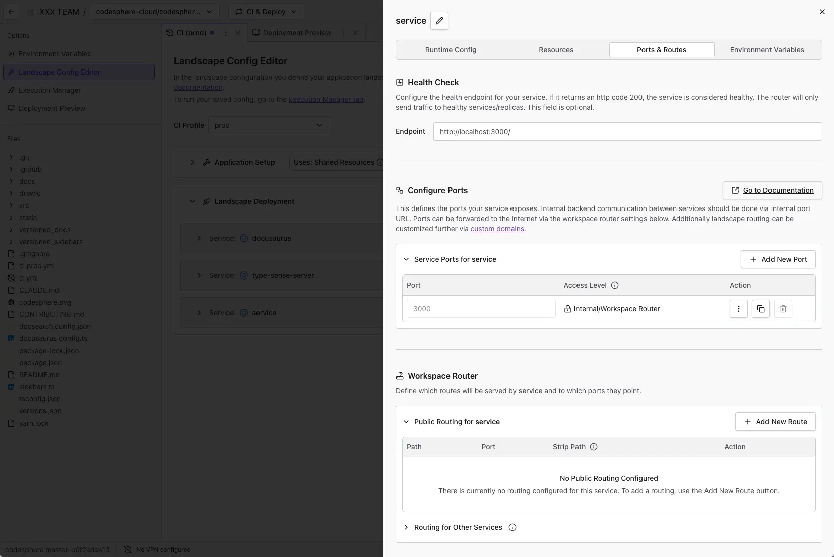 Bereich „Ports & Routes“ im Landscape Config Editor mit Einstellungen für Health-Checks, freigegebenen Service-Ports und Pfadzuordnungen des Workspace-Routers.