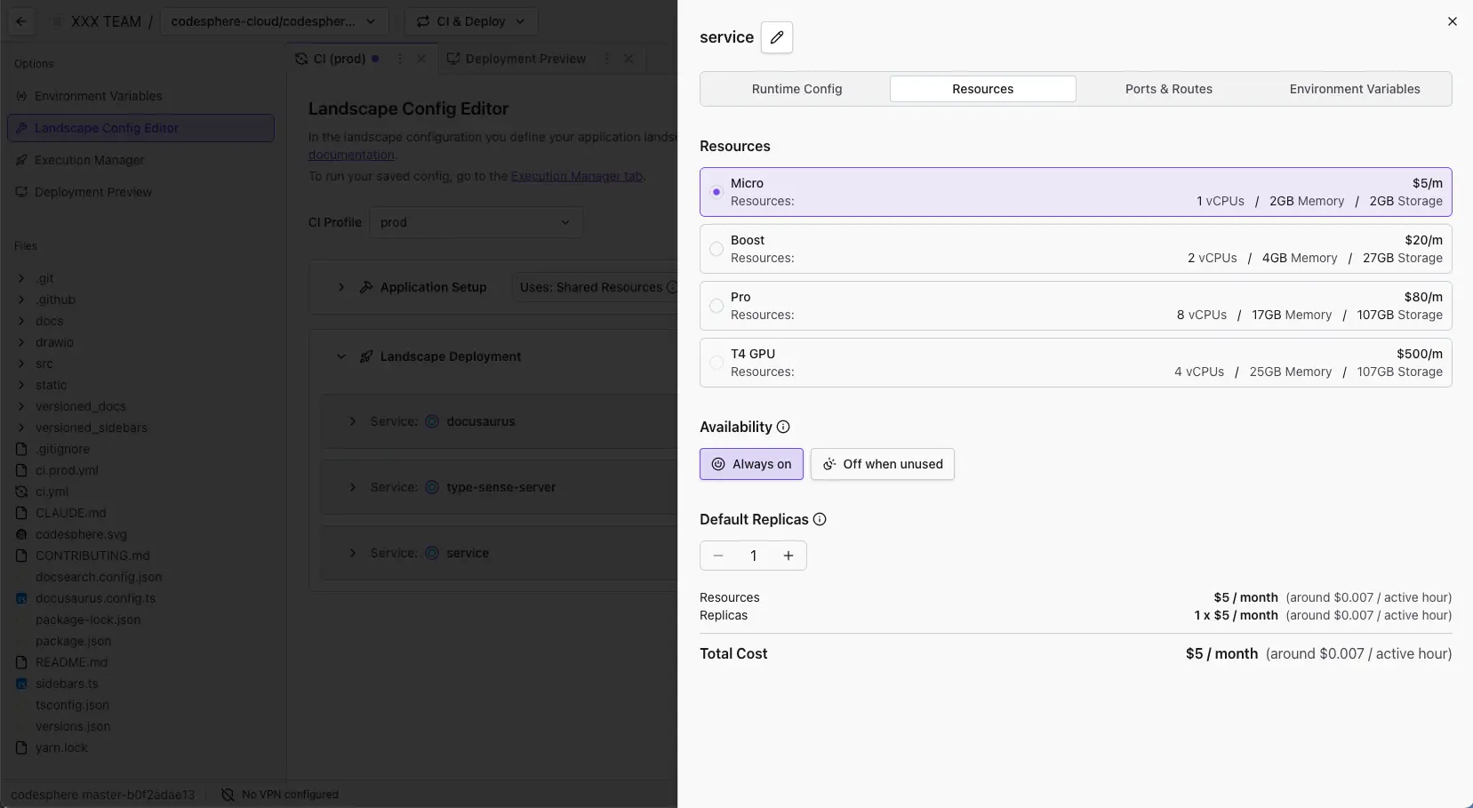 Bereich „Resources“ im Landscape Config Editor mit Plan-Auswahl, Verfügbarkeitsoptionen, Replica-Steuerung und geschätzter monatlicher Kostenübersicht.
