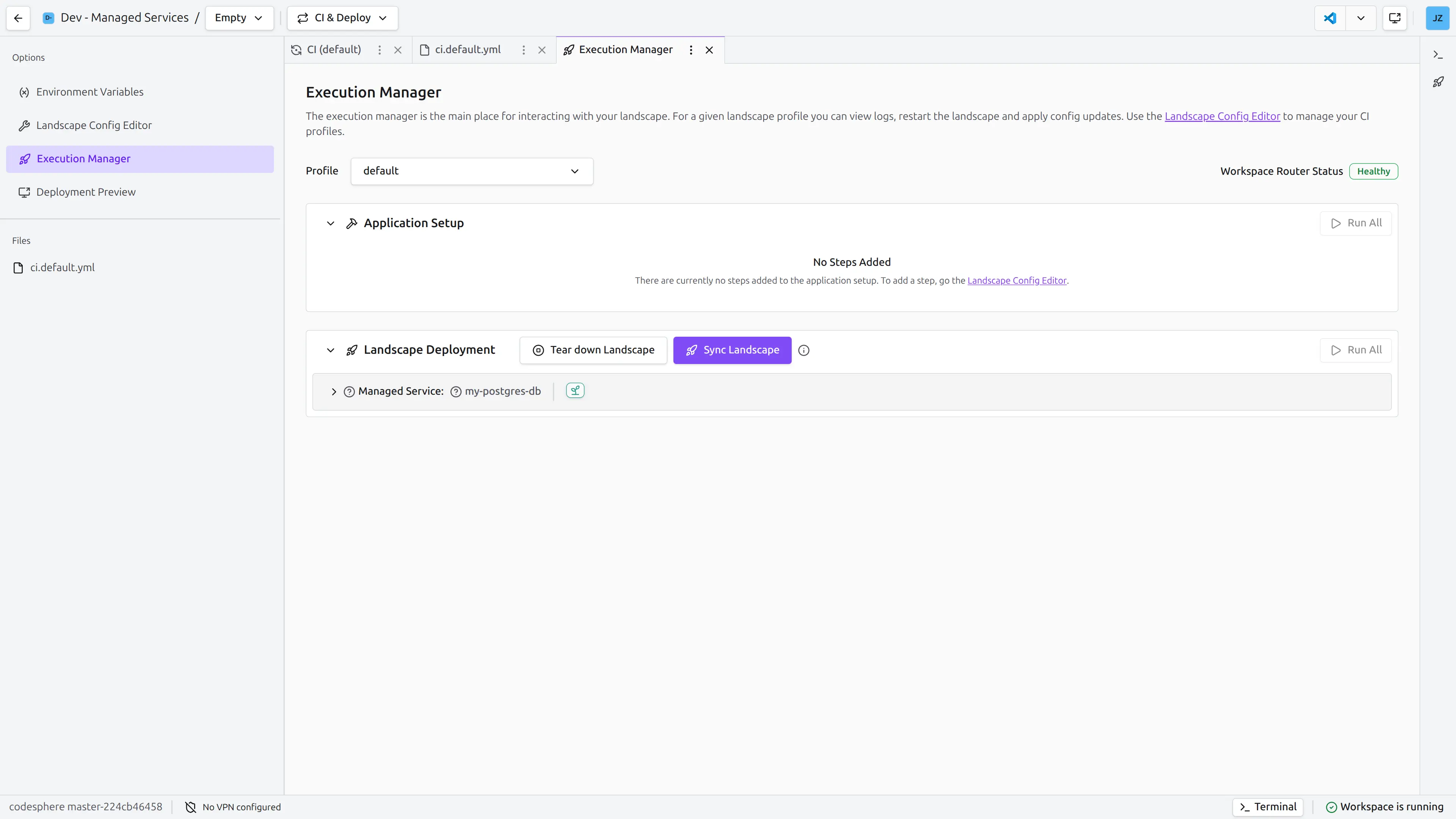 Ansicht des Execution Managers mit Landscape-Ausführungsstatus und Deployment-Steuerelementen.