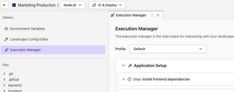 Workspace-Navigation mit Hervorhebung des CI- und Deploy-Bereichs im Quickstart-Ablauf.