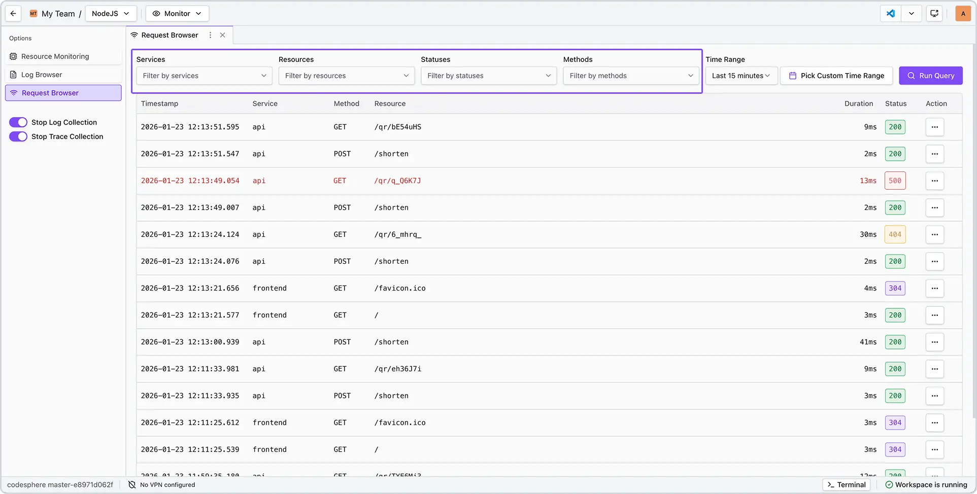 Request Browser filters panel showing controls for narrowing requests by attributes and time range.