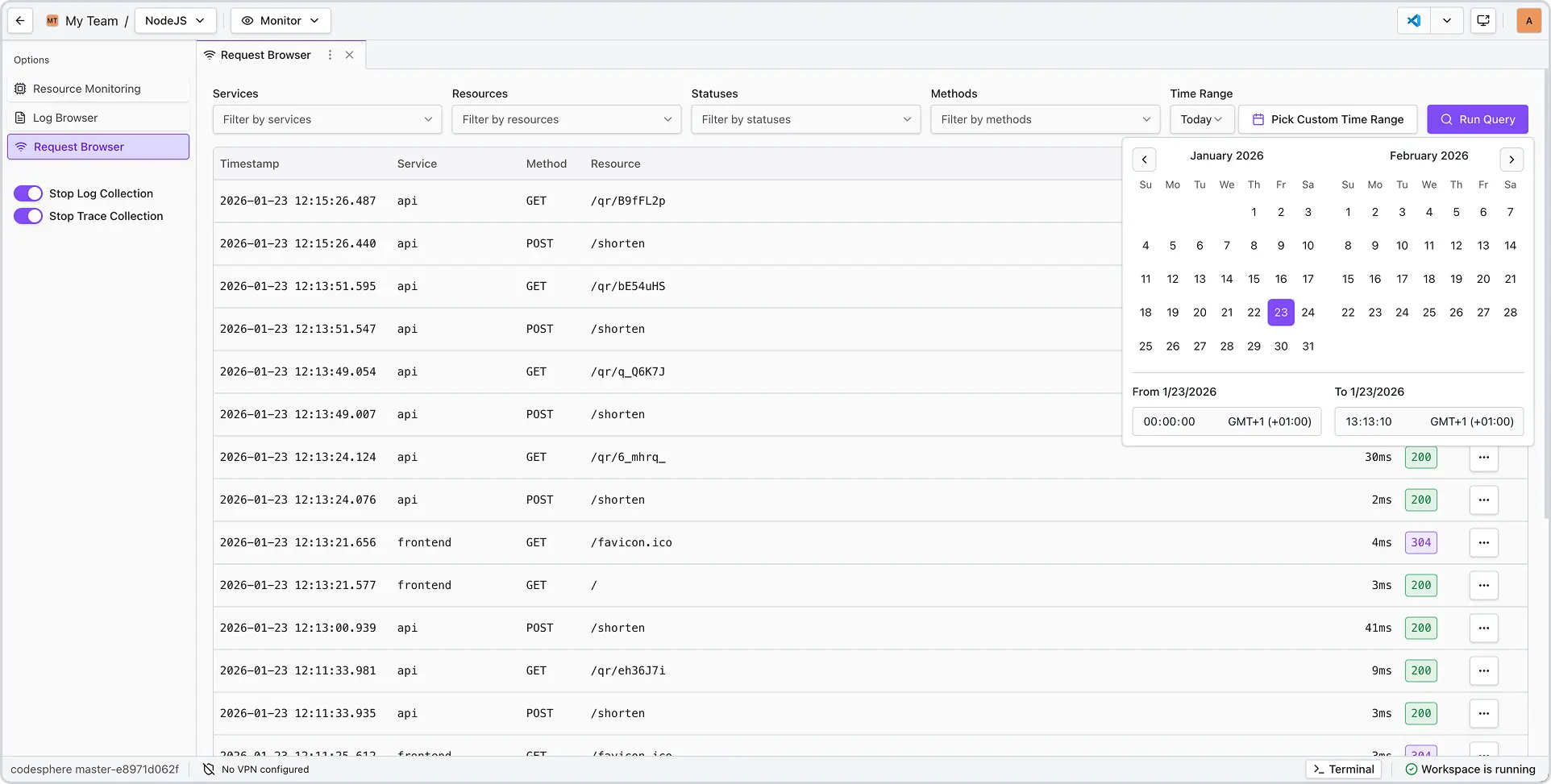 Request Browser time-range selector used to inspect request data for a specific period.