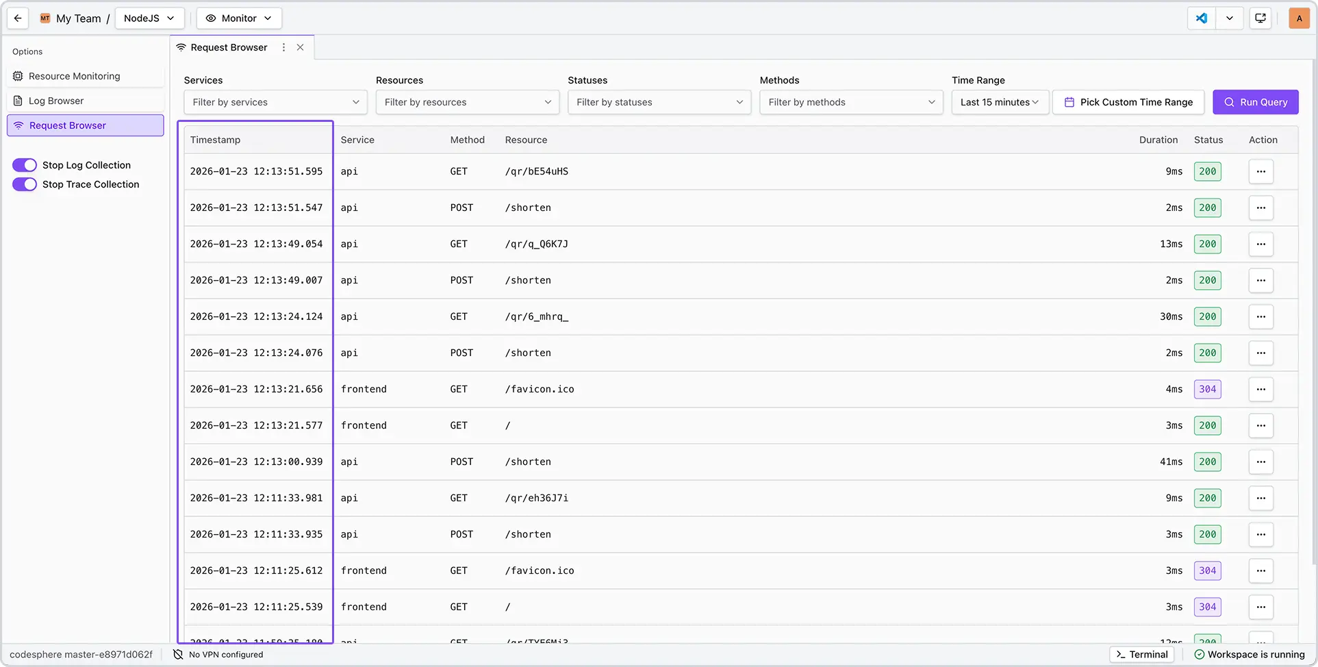 Request Browser table example highlighting the timestamp column for incoming requests.