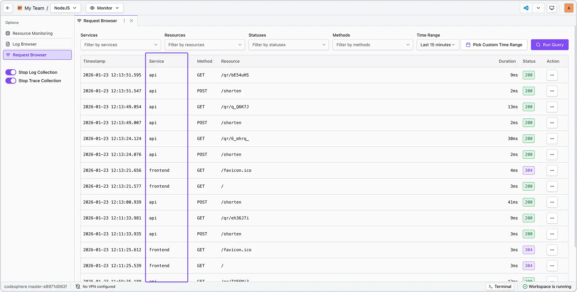 Request Browser table example highlighting the service column showing which service handled each request.