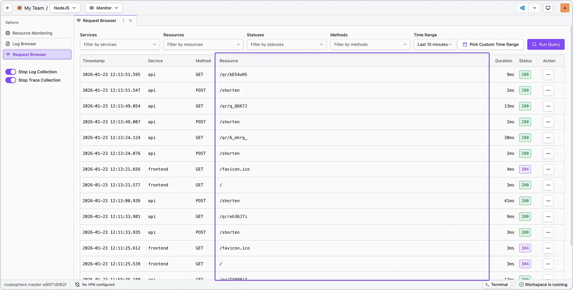 Request Browser table example highlighting the resource path column for requested endpoints.