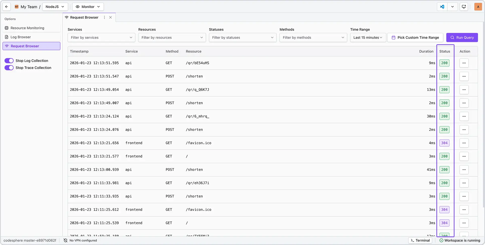 Request Browser table example highlighting the status code column for request outcomes.