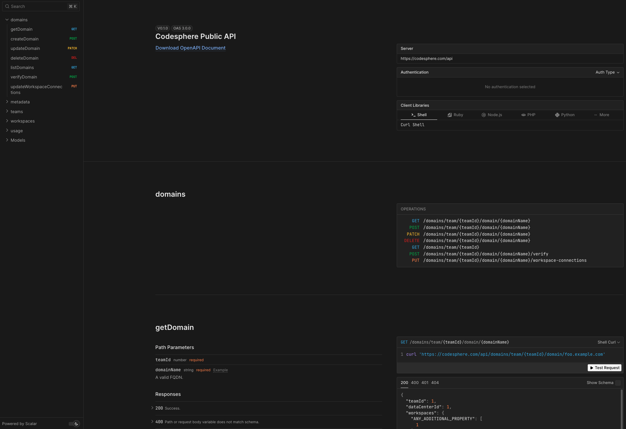 Public API Scalar UI page showing endpoint documentation and interactive request examples.