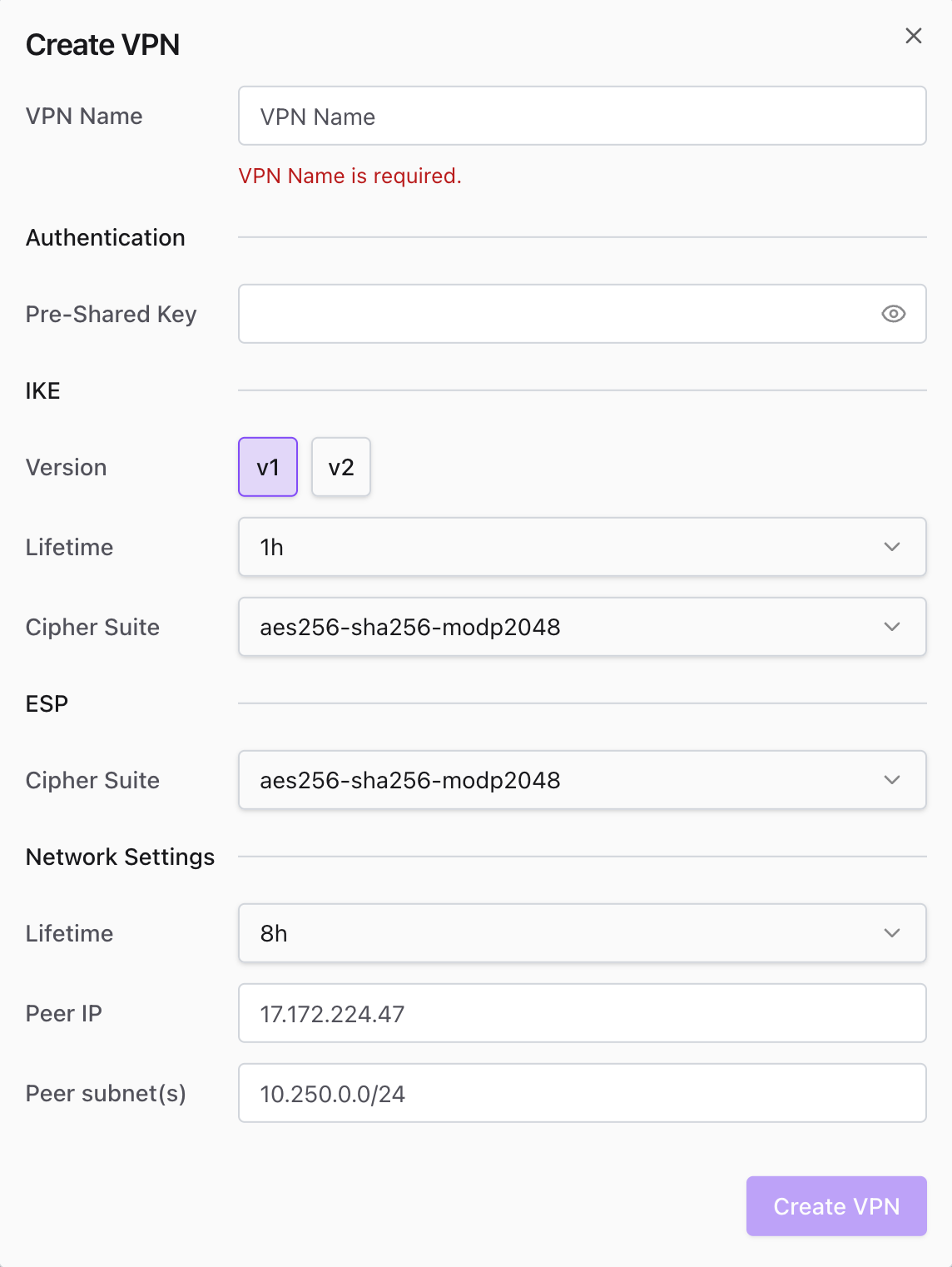 VPN-Konfigurationsformular mit Peer-IP, Subnetzen und IPsec-Sicherheitseinstellungen.