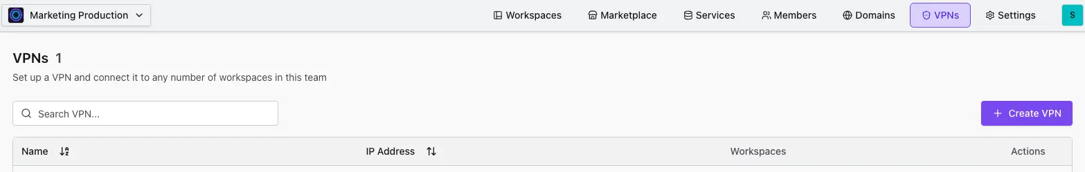 Tabelle mit VPN-Konfigurationen, die die konfigurierten VPN-Verbindungen des Teams auflistet.